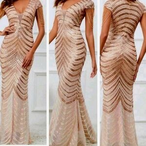 Gold, Chevron Print, Sequined Mermaid Gown,  Custom Handmade